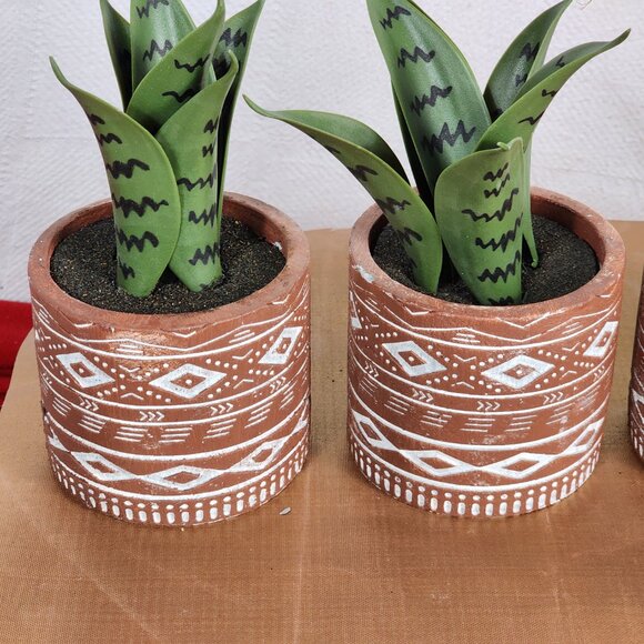 Faux Plants in Terracotta Tribal Print Faux Cement Pots Set of 3 4"Wx9"H - Picture 6 of 15